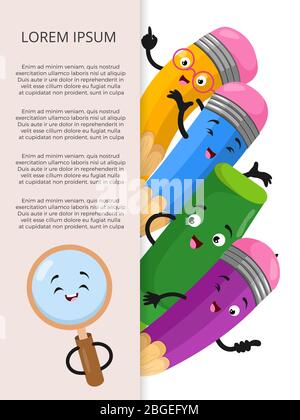 Banner-Vorlage mit Cartoon Schreibwaren Elemente. Buntstifte verschiedene Vektor-Illustration Stock Vektor