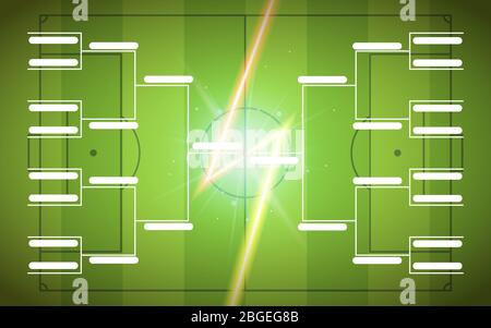 Turnierklammer Vorlage für 16 Teams auf grünem Fußballplatz Hintergrund mit Blitz Stock Vektor