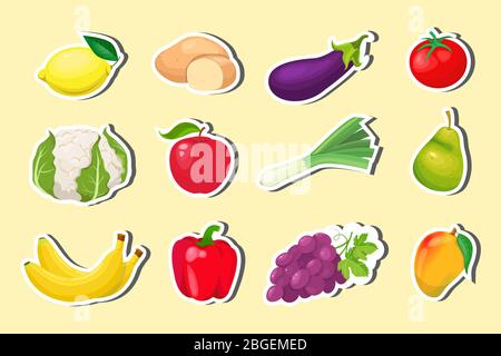 Aufkleber mit Obst und Gemüse Stock Vektor