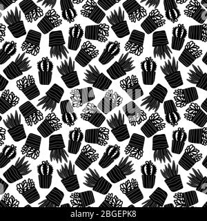 Schwarz-weiß nahtlose Muster mit Topfpflanzen Kakteen und Sukkulenten in Doodle-Stil auf weißem Hintergrund isoliert. Vektor einfache Illustration Stock Vektor