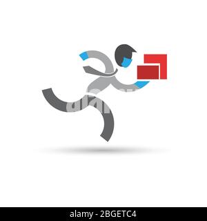 Online-Verkauf und Lieferung nach Hause. Vector, Mann laufen geben ein Geschenk. Paketzustellung, schnellen Service. Stock Vektor