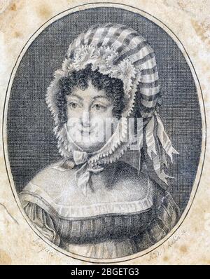 Kopf einer Frau mit gestreifter Motorhaube, Gravur von Saint-Aubin (Französisch, 1736-1807) Stockfoto