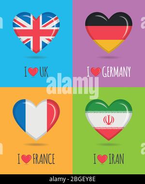 Liebevolle und bunte Poster von Großbritannien, Deutschland, Frankreich und Iran mit herzförmiger Nationalflagge und Text Vektorgrafik Stock Vektor