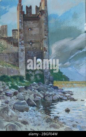 Burg am Gardasee von Adolf Hirémy-Hirschl, Aquarell. Stockfoto