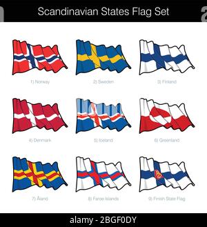 Skandinavische Staaten Winken Flaggensatz. Das Set enthält die Flaggen von Norwegen, Schweden, Finnland, Dänemark, Island, Grönland, Färöer und Aland. Sehr Stock Vektor