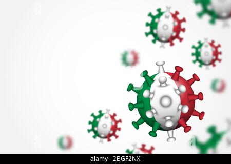 COVID-19 . 3D schwimmende Corona Virus mit Italien Flagge auf grauem Vignette Hintergrund mit Kopierraum im linken Bereich für Fülltext . Geringe Tiefe des Feldes de Stock Vektor