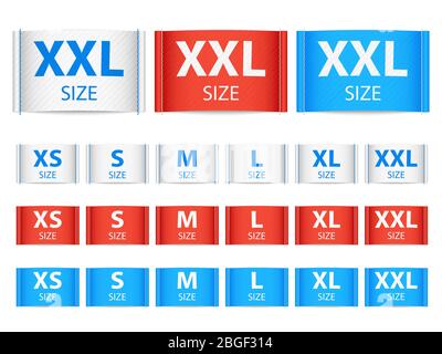 Stoff Band Tags, Kleidung Etikett mit Größe Vektor-Sammlung. Abbildung der Tag Band Größe xxl und m, l und s Stock Vektor