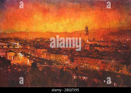 Palazzo und Ponte Vecchio in Florenz, Italien bei Sonnenuntergang. Aquarell Batik Malerei. Stockfoto