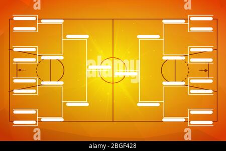 Turnierklammer Vorlage für 16 Teams auf orangefarbenem Basketballfeld Hintergrund Stock Vektor