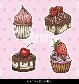 Handgezeichnete Kuchen, Vintage bunte Lebensmittel Skizzen, isoliert auf weißem Hintergrund. Vektorgrafik. Stock Vektor