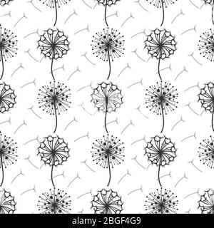 Monochrome Löwenzahn Blumen und Samen nahtlose Muster Hintergrund. Vektorgrafik Stock Vektor