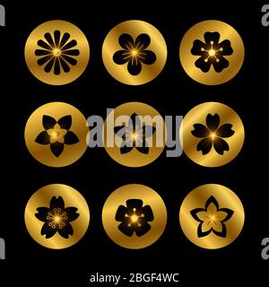Stilvolle goldene Ikonen mit glänzenden Blumen Silhouetten auf schwarz. Vektorgrafik Stock Vektor