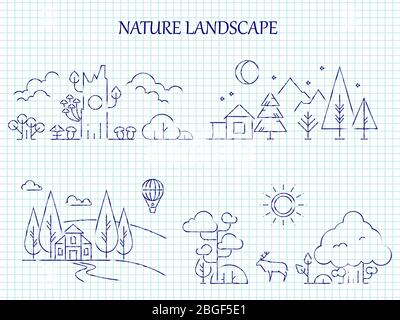 Handgezeichnete Natur Landschaft Linie auf Seite Notizbuch gesetzt. Vektorgrafik Stock Vektor