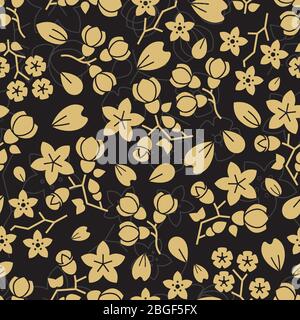 Mode goldene Blumen nahtlose Muster-Design. Vektor Blumen Hintergrund nahtlos, Blattgold Verpackung Illustration Stock Vektor