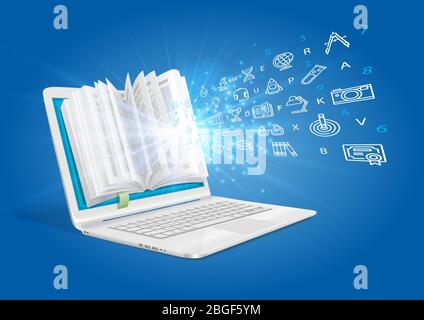 Ein Laptop mit einem Buch, das die Magie des Wissens zeigt. Das Konzept des E-Learning. Stock Vektor