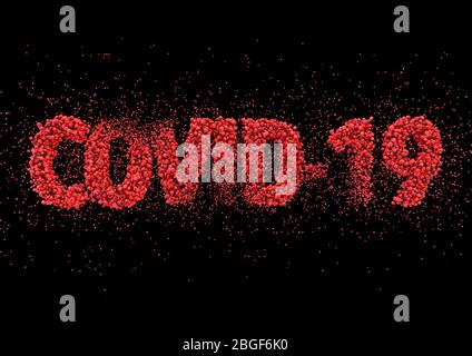 Ein Nahaufnahme Text aus roten Virus-Moleküle Rechtschreibung des Wortes covid-19 auf einem schwarzen Hintergrund - 3D-Rendern Stockfoto