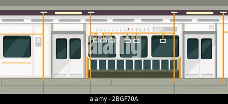 Leere U-Bahn-Bahn von innen. Metro Wagen Vektor Innenraum. Transport Zug U-Bahn Innenraum leer Abbildung Stock Vektor