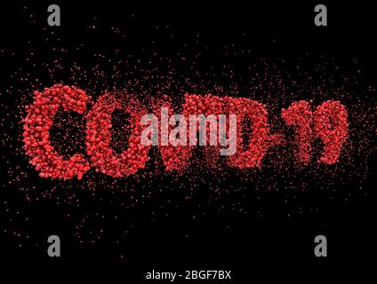 Ein Nahaufnahme Text aus roten Virus-Moleküle Rechtschreibung des Wortes covid-19 auf einem schwarzen Hintergrund - 3D-Rendern Stockfoto
