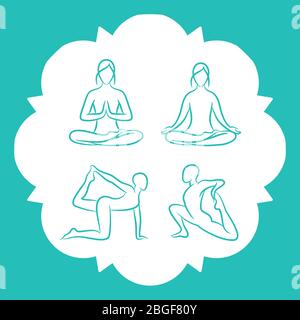 Hand gezeichnete Yoga Posen Vektor Linie Silhouetten der set-Illustration Stock Vektor