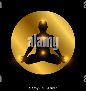 Spirituelles indisches Chakra Symbol. Meditation Mann Silhouette mit glänzenden Elementen. Vektor Körper Silhouette in Lotus Pose Illustration Stock Vektor