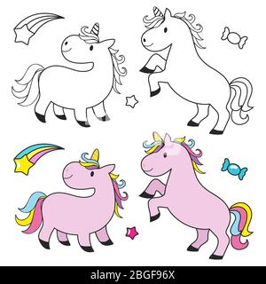 Niedliche Einhorn Set für Kinder zum ausmalen. Einhorn Fee, Magie glückliches Pferd, Vektor-Illustration Stock Vektor