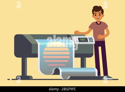 Mann Arbeiter am Plotter drucken Großformat Banner Vektor-Illustration. Drucker und Arbeiter in Büro, Druckerei und Polygraphie Stock Vektor