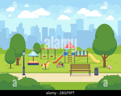 Städtischer Sommer öffentlicher Garten mit Kinderspielplatz. Cartoon Vektor Stadtpark mit Stadtbild. Grüner Park Cartoon, Landschaft Sommer Park Illustration Stock Vektor
