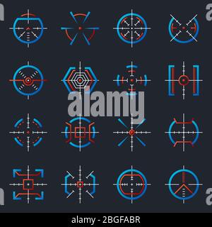 Futuristische optische militärische Ziele. Pistolenziele, Fokus-Bereich-Indikatoren. Scharfschützenwaffe Ziel mit hud UI auf Genauigkeit Zielvektorsymbole. Set von Ziel Fadenkreuz, Ziel und Ziel optische Darstellung Stock Vektor