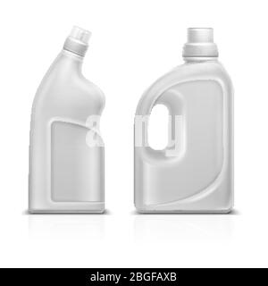 Haushalt chemische leere 3d Kunststoff weiße Flaschen. Toilette antiseptische Reinigungsflasche Vektor Illustration isoliert. Behälter für Reinigungsflaschen, Reinigungsmittel für die allgemeine Ordnung und Sauberkeit Stock Vektor