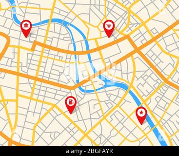 Navigation europäischer Stadtplan mit Pins. Abstraktes Kartenmuster. Straßenkartographie, Navigation gps mit Marker Pins Illustration Stock Vektor