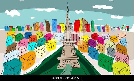 Die bunte Stadt Paris. Handgezeichnet. Nachahmung des Malbilds mit den Aquarellfarben. Kinderzeichnung. Stock Vektor