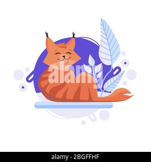 Cartoon Katze liegt auf dem Boden und glücklich lächelnd. Roter Bobcat. Stock Vektor