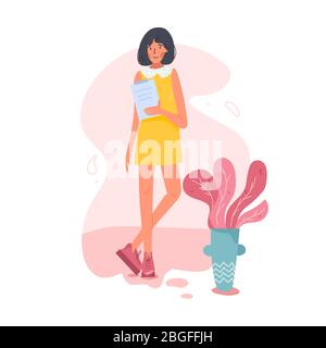 Glückliche Geschäftsfrau in voller Höhe. SE hält den Bürotisch. Altmodische Kleidung mit modernem Haarschnitt. Isolierte Cartoon flache Vektor illustrat Stock Vektor