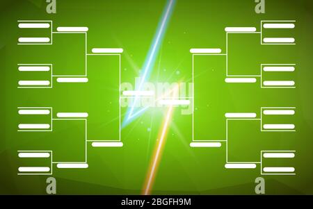 Turnierklammer Vorlage für 16 Teams auf grünem Hintergrund mit Blitz Stock Vektor