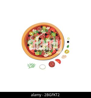 Köstliche runde italienische Pizza und Zutaten dazu. Pizzaversand. Vektor-Illustration Pizza auf einem isolierten weißen Hintergrund Stock Vektor