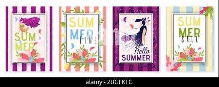 Grußkarten und Einladungskarten oder Social Stories Vektorset. Sommerzeit. Vertikales Banner Kit mit Begrüßungs- und Verkaufsphrase, schönen Frauen und Foli Stock Vektor