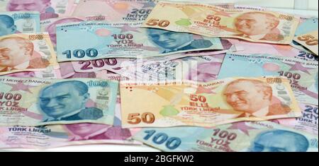 Türkische Lira Banknote. 50, 100, 200 Türkische Lira. Stockfoto