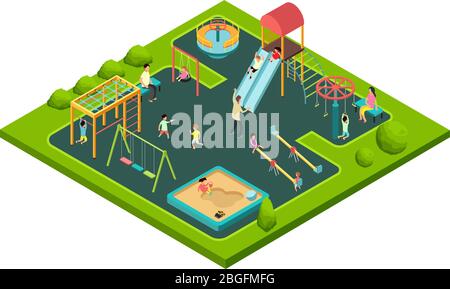 Kinder spielen mit Eltern auf dem Kinderspielplatz mit Spielgeräten. Isometrische Cartoon Vektor-Illustration mit 3d kleine Menschen. Spielplatz-Isometrie mit Schaukel und Rutsche Stock Vektor