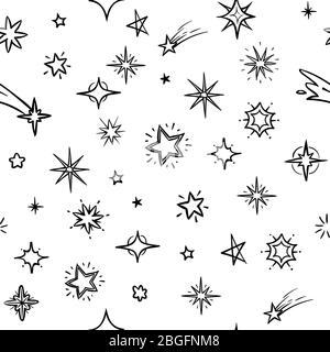 Hand gezeichneter Himmel mit Doodle Sterne Vektor nahtlosen Hintergrund. Grunge-Weltraum wiederholendes Muster. Nahtlose Himmel Stern Muster Skizze monochrome Illustration Stock Vektor