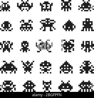 Pixel Monster Raum Invaders Vektor Silhouette 8 Bit-Symbole. Illustration von Monster Pixel für Spiel, Roboter Alien Charakter Stock Vektor