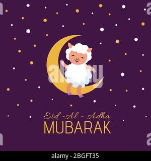 Eid mubarak arabian Festival Vektor Poster mit niedlichen Cartoon Schafe. Arabisches religiöses Banner, Feier eid-al-adha, mubarak Illustration Stock Vektor