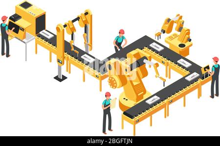 Automatisierte Produktionslinie, Werksförderer mit Arbeitern und Roboterarme isometrisches industrielles Vektorkonzept. Illusstration der industriellen Steuerung Förderband arbeiten Stock Vektor