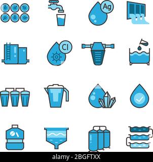 Schmutziges Abwasser Kläranlage und Wasserfilter für Klärschlamm Vektor-Symbole gesetzt. Abwasser, Systemreinigung Illustration Stock Vektor