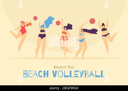 Beach Volleyball Flat Cartoon Banner Vorlage Sommer Zeit Konzept Gruppe von Cartoon Plus Größe Aktive Frau Charaktere spielen Freizeit genießen im Freien Stock Vektor