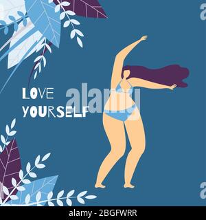 Liebe dich selbst positive Schriftzüge flache Motivationskarte mit farbigen Kopie Raum Vektor Illustration Banner Cartoon Frau Plus Größe Charakter in Bikini Stock Vektor