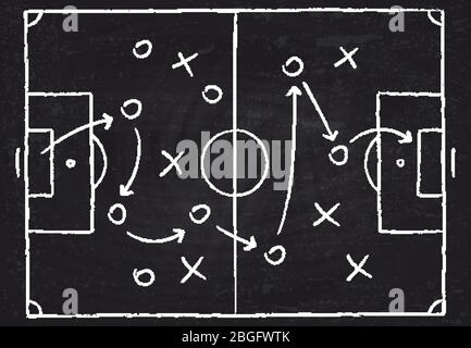 Fußball-Spiel taktische Regelung mit Fußballspielern und Strategie Pfeile. Vektor Kreide Grafik auf schwarzem Brett Stock Vektor