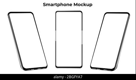 Set von drei silbernen modernen bearbeitbaren rahmenlosen Smartphones isoliert auf weißem Hintergrund. Mobiltelefone mit Blick auf die Vorder- und Seitenansicht. Vektorgrafik Stock Vektor