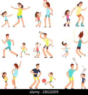 Fitness Familie, Eltern und Kinder trainieren zusammen. Aktive Familien tun Sport Bewegung Vektor flache Menschen isoliert. Illustration des Sport Lifestyle Eltern mit Kindern Stock Vektor