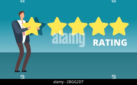 Geschäftsmann, der 5 Sterne verdient. Beste Arbeitsqualität und Kundenservice Feedback Vektor-Konzept. Abbildung des Feedback zur Unternehmensbewertung und -Bewertung Stock Vektor