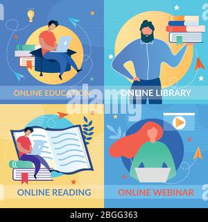 Farbkarten Set mit Menschen genießen Online-Bildung. Poster Werben Lesebuch, Webinar ansehen, Wissen über das Internet bekommen. E-Learning auf La Stock Vektor